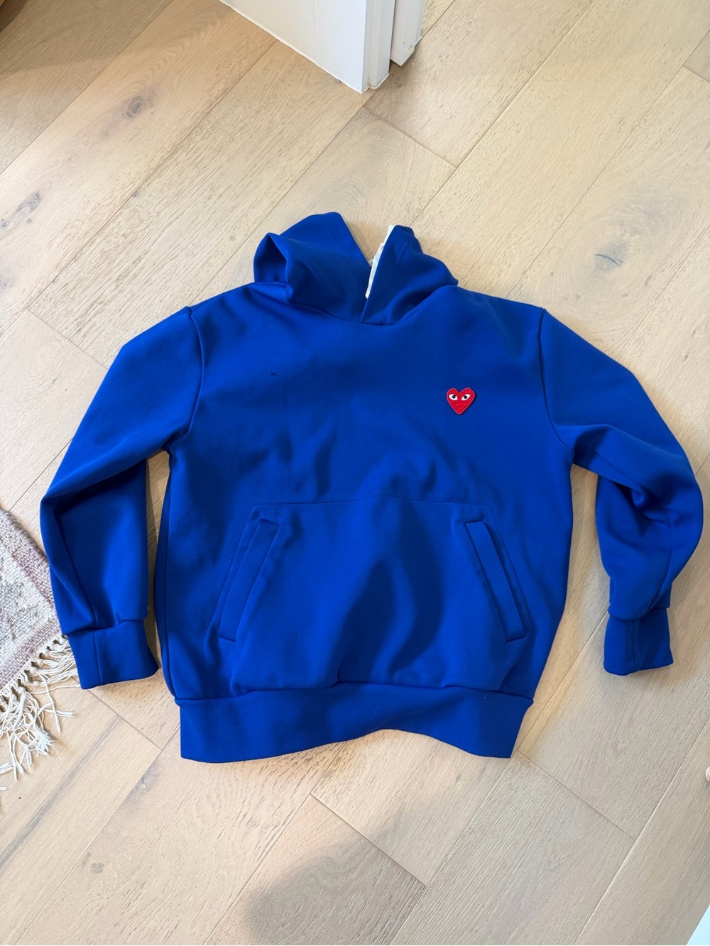 Comme des Garcons Royal Blue Hoodie with Red Heart Patch